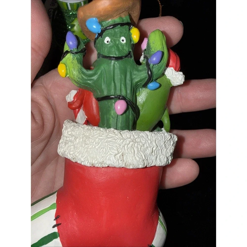 2 Vintage Santa Christmas Ornaments ‎ Decorations Stocking Sled Resin. 5585